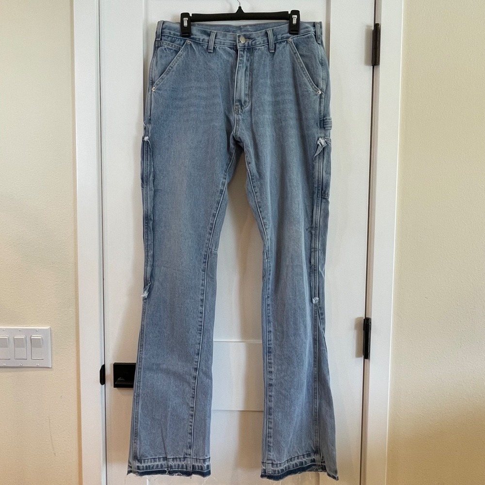 Jeans Denim M Carpenter Cargo Flare Raw Edge High Rise Utility Cowboy Country